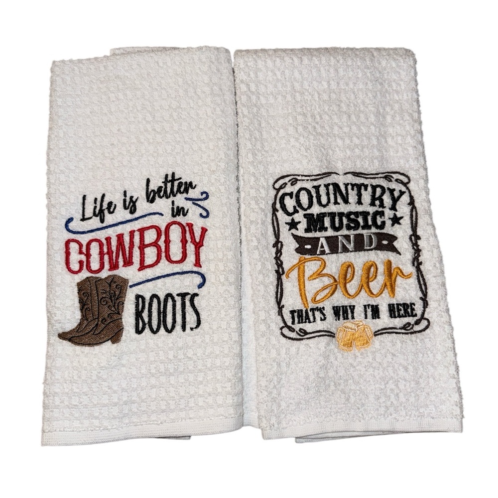 Embroidered Cowboy Country Music Theme Kitchen Towels NWOT